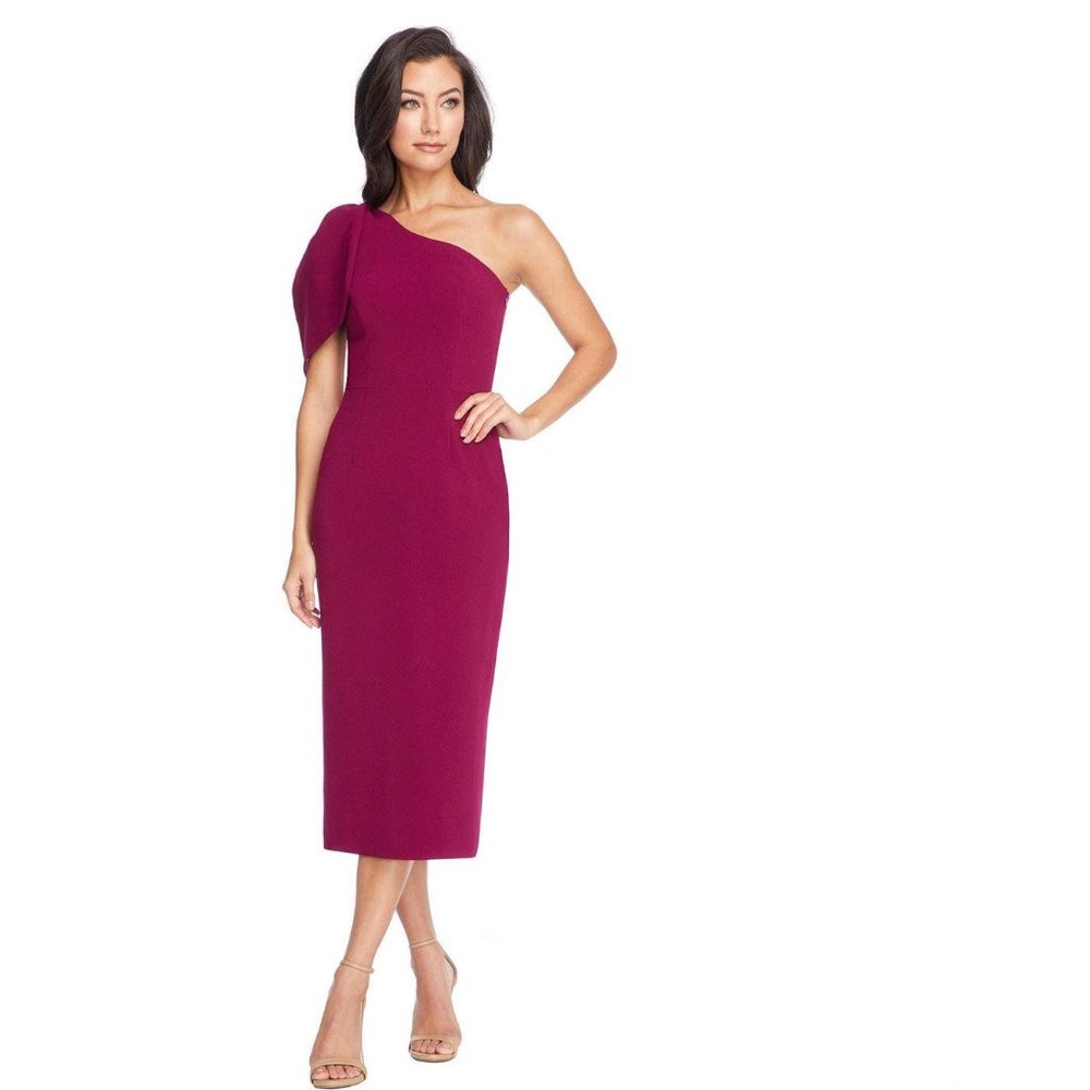 Dress the Population Women's Tiffany One Shoulder Bow Detail Midi Sheath Dress